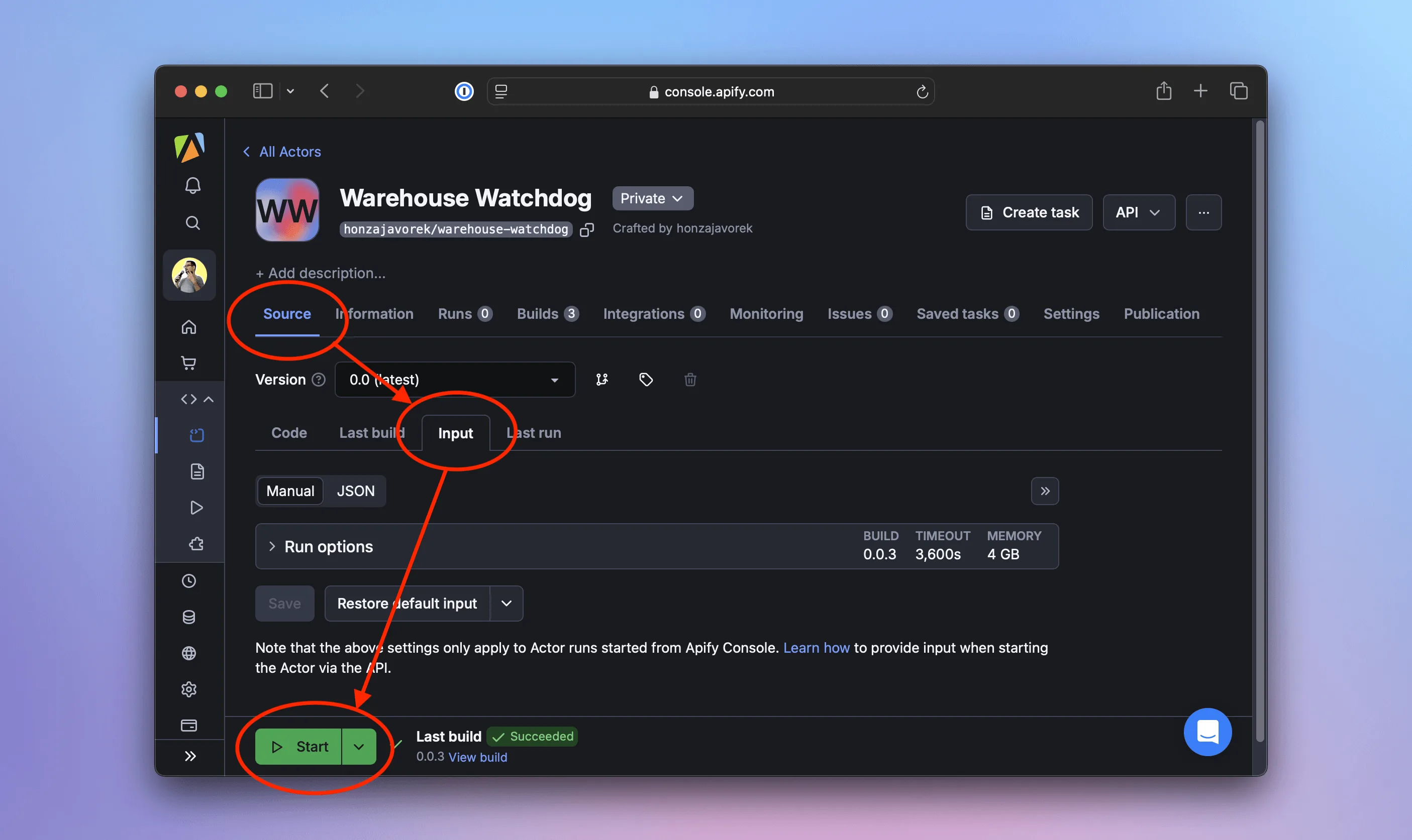Actor&#39;s detail page, screen Source, tab Input